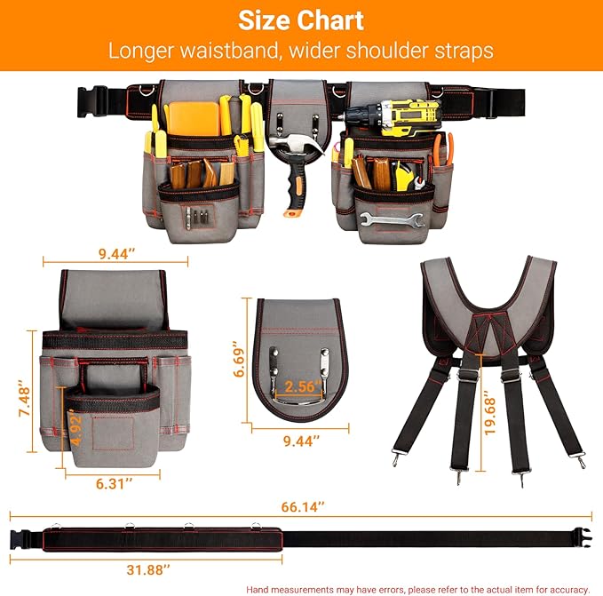 Tool Belt With Suspenders, Professional Tool Belt for Men, Magnetic Tool Belts With Suspenders, 18 Pockets Heavy Duty Detachable Adjustable Tool Belts for Electrician, Carpenter (Grey, 32''-66'')