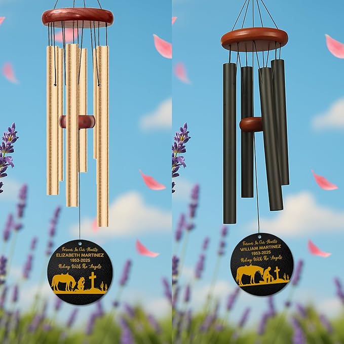 Personalized Cowboy Memorial Wind Chime – “Riding with The Angels” Custom Name & Years – Western Horse & Cross Design – Outdoor Sympathy Gift for Loss of Loved One – in Loving Memory Windchime