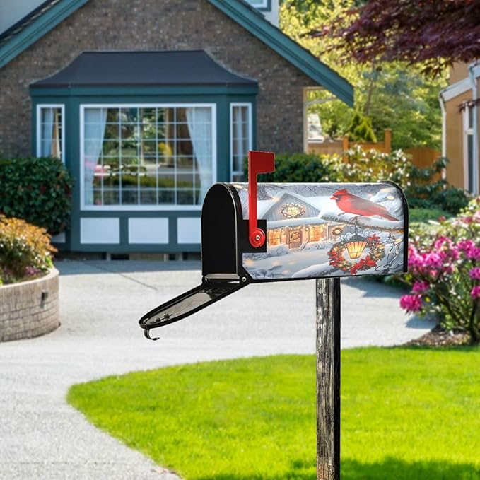 SUABO Mailbox Cover Cardinal House Snowy Day Oversize Magnetic Mailbox Covers Wraps for Christmas Home Yard Garden Decor