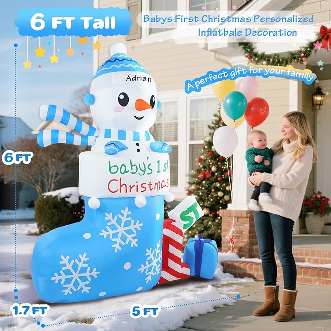 Christmas Inflatable Outdoor Decorations, 6 FT Inflatables Babys First Christmas Stocking Snowman Yard Decor, Built-in LED Lights Blow up 1st Xmas DIY Name Ornament for Indoor Outside Lawn Garden(Boy)
