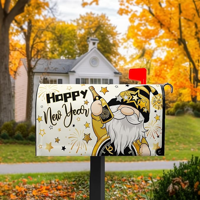 Happy New Year Mailbox Covers Magnetic Standard Size 21x18 Inch Dwarf Black Gold Decorations Mailbox Cover for Outdoor Garden Yard Decor