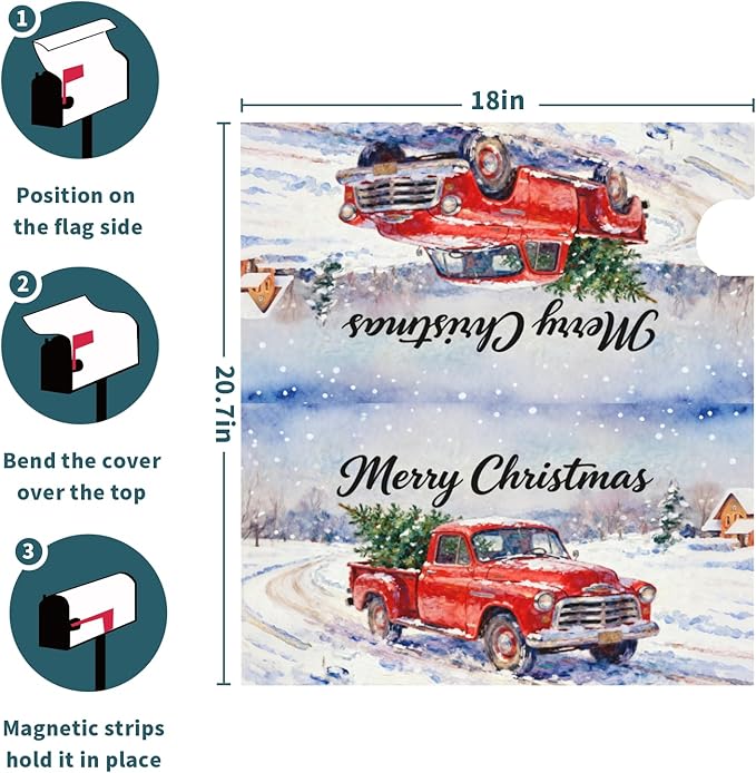 Christmas Red Truck Mailbox Covers Magnetic Standard Size Rustic Snow Scene Xmas Tree Merry Holiday Outdoor Decorative Farmhouse Letter Box Cases for Home Garden Outside Decor, 21x18 Inch