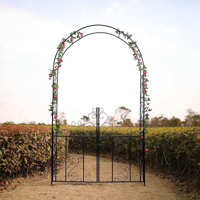 Steel 7'5'' High x 4'2'' Wide Garden Arch with Gate, Garden Arbor for Various Climbing Plant, Outdoor Garden Lawn Backyard