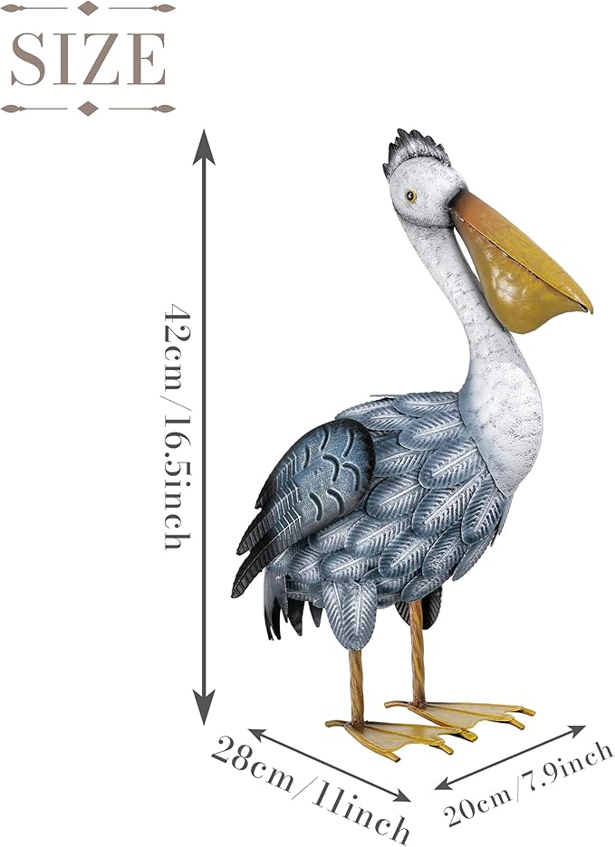 TERESA'S COLLECTIONS Pelican Statues Outdoor Decor, 16.5" Coastal Ocean Bird Garden Statues & Sculptures, Metal Yard Art Lawn Ornaments for Patio, Pond, Pool, Backyard Decorations