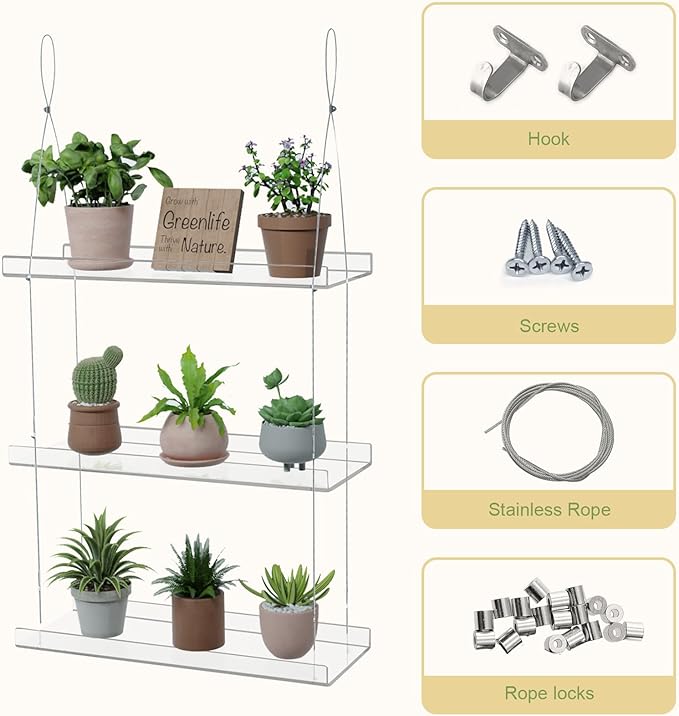 3-Tier Acrylic Window Plant Shelf, 16 Inch Wide Adjustable Hanging Shelf for Succulents, Seed Starters, Herbs, Microgreens