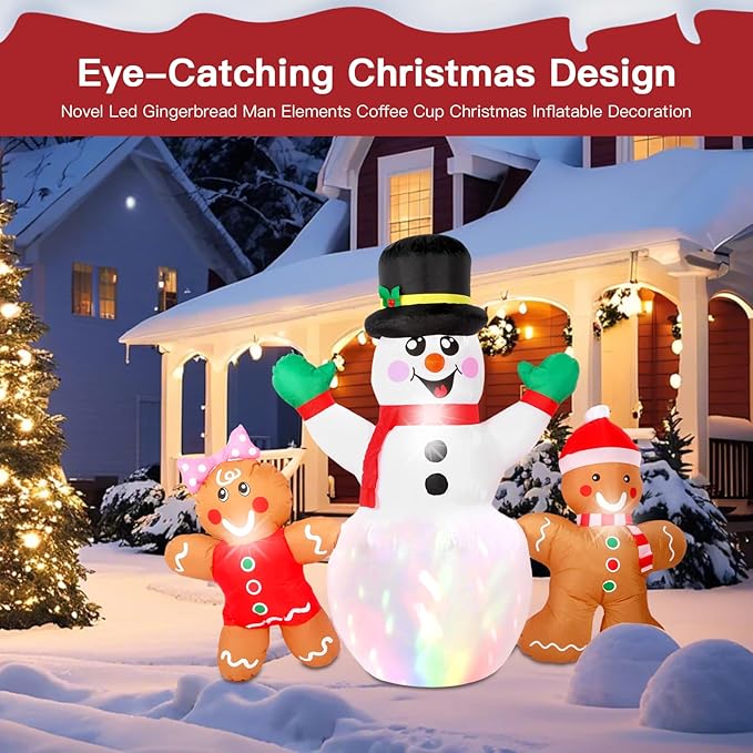 6FT Christmas Inflatables Decorations Outdoor，Blow Up Christmas Snowmen and Gingerbread Men with Built-in LEDs Lights for Indoor Holiday Party Yard Garden Lawn Décor