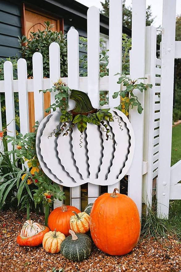 Veclotch 2set Pumpkin Garden Stake Metal Yard Sign Fall Decor, Decorative Decor Outdoor Stakes for Autumn Harvest Thanksgiving Halloween Rustic Decoration Home (White, 26''H)