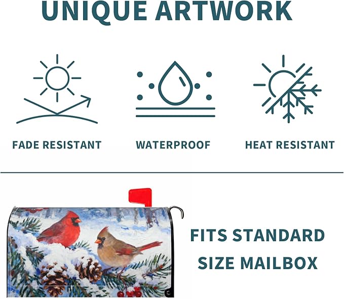 Winter Cardinal Large Mailbox Covers Magnetic Oversized Christmas Snow Scene Pinecone Holly Twig Bird Holiday Outdoor Decorative Seasonal Letter Box Cases for Home Garden Outside Decor, 25.5x21 Inch