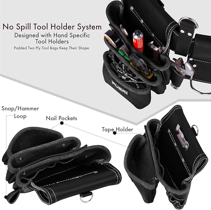 FUERI Leather Tool Belt 17 Pocket Pouches Bags Men Suspenders Holder Organizer for Carpenter Construction Electrician - Black