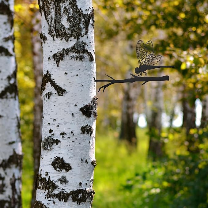 Dragonfly Metal Tree Spike Silhouette – 17” Laser-Cut Garden Decor – Weather-Resistant Outdoor Yard Art – Made in USA – Decorative Metal Garden Stake for Trees, Planters, and Landscapes