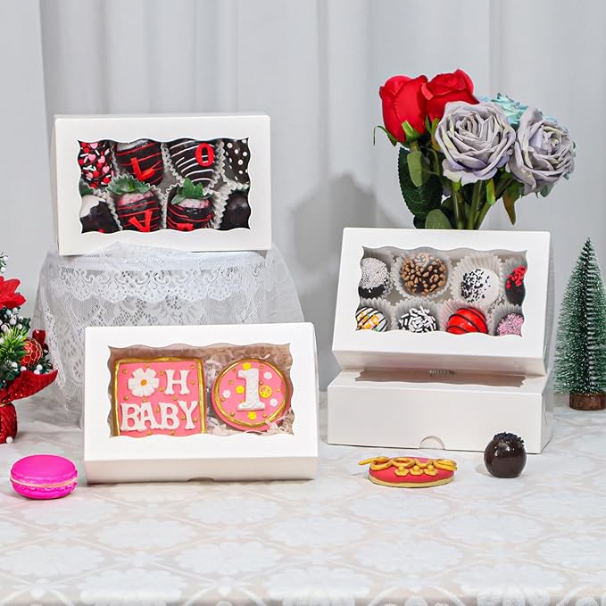 100pcs White Rectangular Bakery Boxes with Window, 7x4.3x2 Inches, Perfect for Cookies, Macarons, Chocolate Covered Strawberries, and More