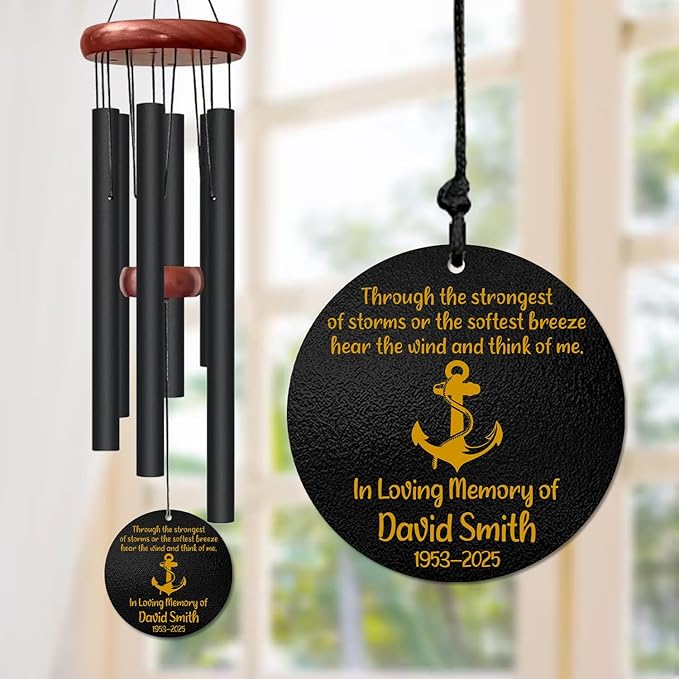 Personalized Anchor Memorial Wind Chime – “Through The Strongest of Storms or The Softest Breeze” Custom Name & Years – Nautical Sympathy Gift for Loss of Loved One – Outdoor Remembrance Windchime