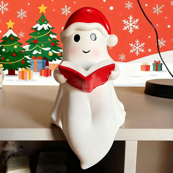 1 Pcs Christmas Reading Ghost Figurine Cute Spooky Design Glow in the Dark Figurines Desk Christmas Decorations Indoor for Christmas Decor Home Table Bedroom Office Desktop Display Ornaments lamp