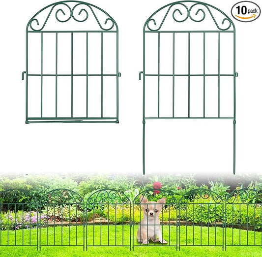 ADAVIN 10 Panels Collapsible Garden Fence Animal Barrier,11 Ft(L) x 24 in(H) Green Rustproof Metal Wire Panel Border for Dogs Rabbits, Flower Edging for Landscape Patio Yard Outdoor Decor, Arched