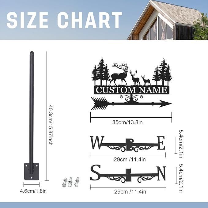 Personalized Deer Metal Weather Vane, Custom Family Name Weathervane, Wind Direction Indicator, Weather Vanes Roof Mount, Wind Vane Outdoor Decor for Farmhouse Garden Shed, Housewarming Gifts