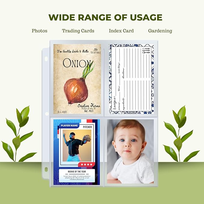 Performore Seed Packet Storage Sleeves 25-Pack | Top-Loading 4-Pocket Binder Pages (Single-Sided) Holds 3.5" x 5.25" Seed Packets | 3-Ring Binder Compatible for Gardeners & Organizers