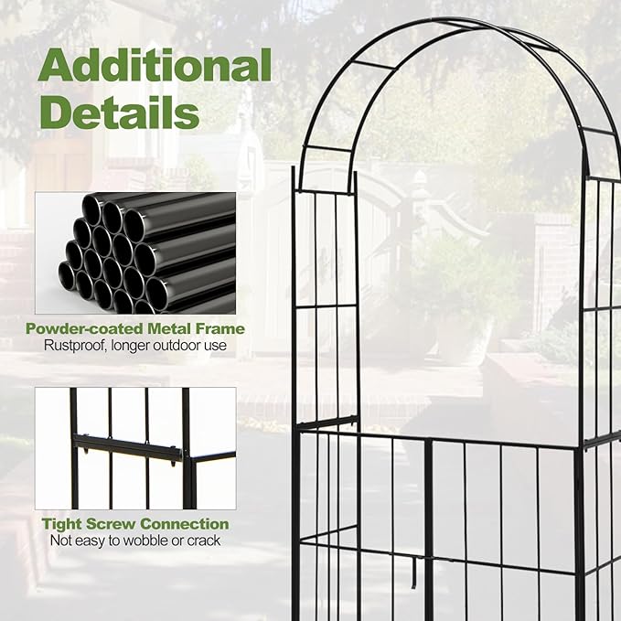 Tangkula 7.5Ft Garden Arbor with Gate, Metal Garden Arch with Trellis for Climbing Plants, Roses, Vines, Outdoor Garden Archway for Wedding Bridal Party Decoration Ceremony (Black)