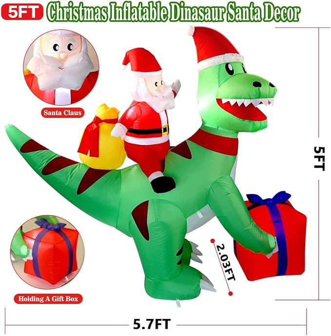 5 Ft Christmas Inflatable Dinosaur with Santa, LED Lights, Indoor Outdoor Holiday Yard Decor, Green T-Rex with Gift Box