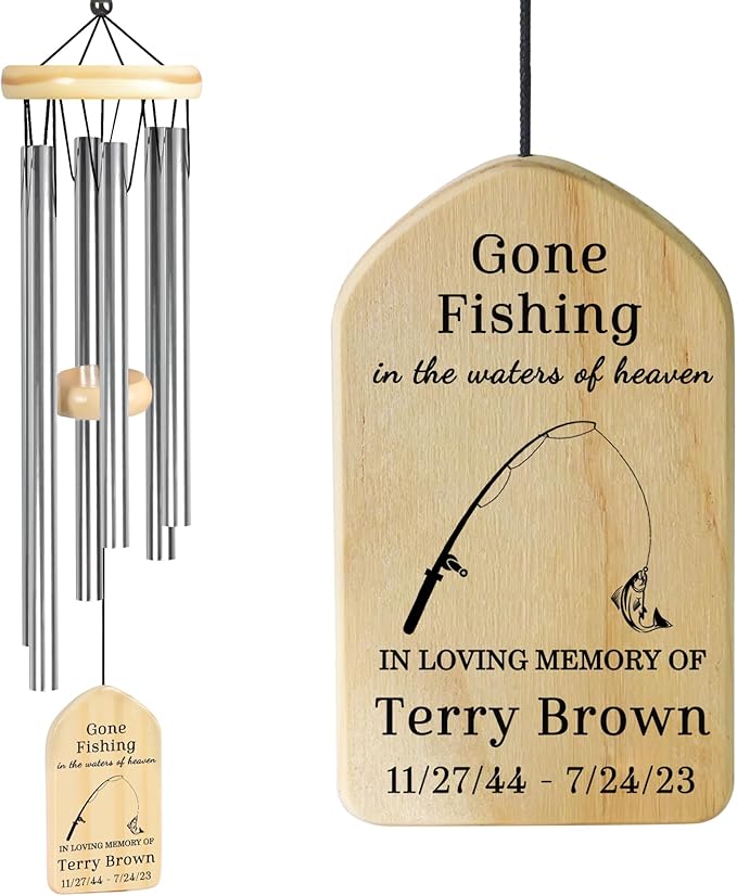 Personalized Gone Fishing Memorial Wind Chime, Heavenly Sympathy Gift for Grandpa Dad