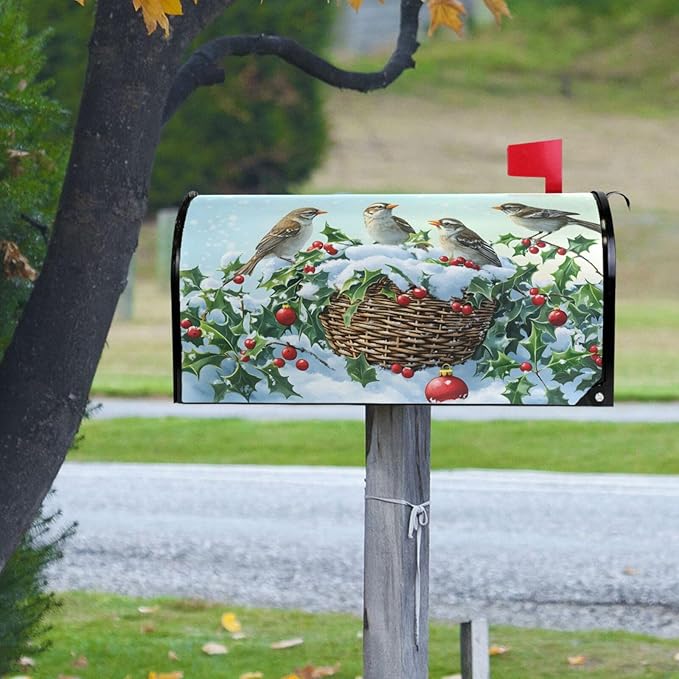 SUABO Mailbox Cover Birds Holly Berry Standard Magnetic Mailbox Covers Wraps for Christmas Home Yard Garden Decor