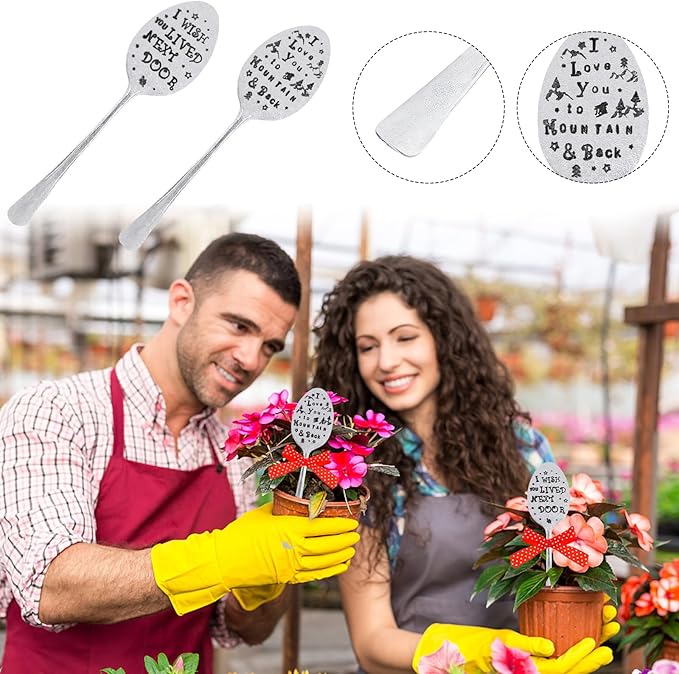 2 Packs Garden Marker Friendship Gift, Metal Spoon Plant Markers, Plant Label Gift, Creative Plant Markers Spoon for Plants Herbs or Flowers DIY Sign Plant Labels (I Wish You Live Next Door)
