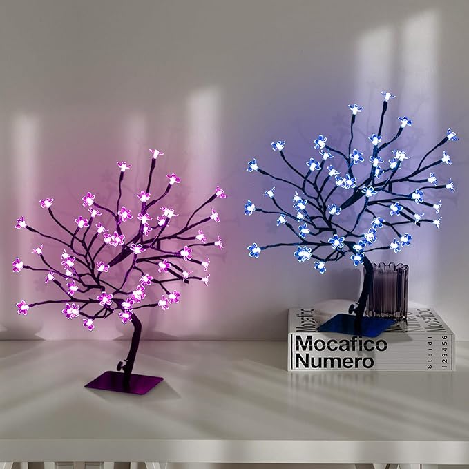 2 PK Cherry Blossom Tree Lights,Artificial Bonsai Tree with 48 Warm White Led Lights, 16.2 Inch Prelit Cherry Blossom Lamp for Christmas Party Wedding Gift Home Tabletop Decoration