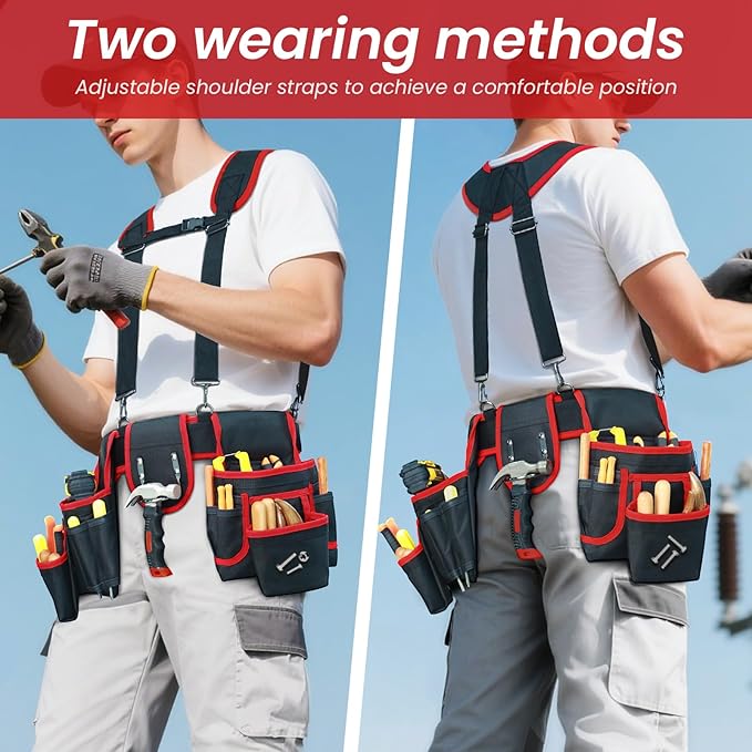 Tool Belt With Suspenders, Heavy Duty Magnetic Tool Belts for Men with 18 Pockets, Tool Belt with Adjustable 32 to 66 Inches Detachable Waist for Electricians, Carpenters, Framers, Black-Red