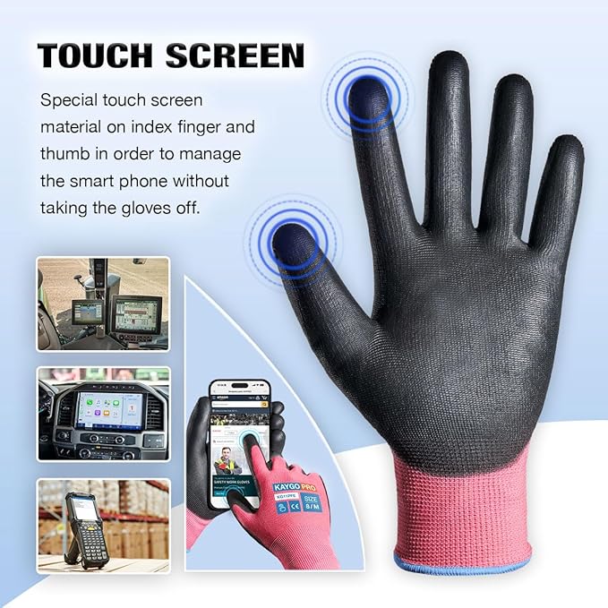 KAYGO Safety Work Gloves PU Coated for Men and Women- KG11PB,12 Pairs,Seamless Knit Glove with Two Fingers Touchscreen,Ideal for General Duty Work (L,Pink)
