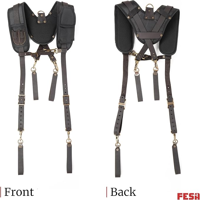 FESA Leather Tool Belt Suspenders for Men with Breathable Mesh Padding, Front Pockets & 4 Loops for Attachment to Work Belts
