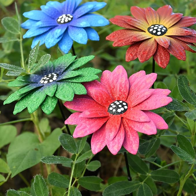 4PC Metal Flowers Outdoor Decor Stake Yard Art Decoration,Garden Metal Plant Flowers Stick Spring Patio Decor