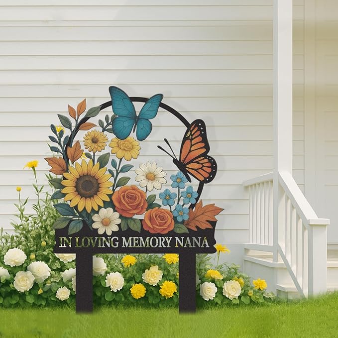 Personalized Garden Signs, Colorful Butterfly Garden Decor for Outside, Decorative Yard Stakes, Metal Yard Art, Patio Decor, Custom Last Name Sign, Lawn Art, Gardening Gifts Color04