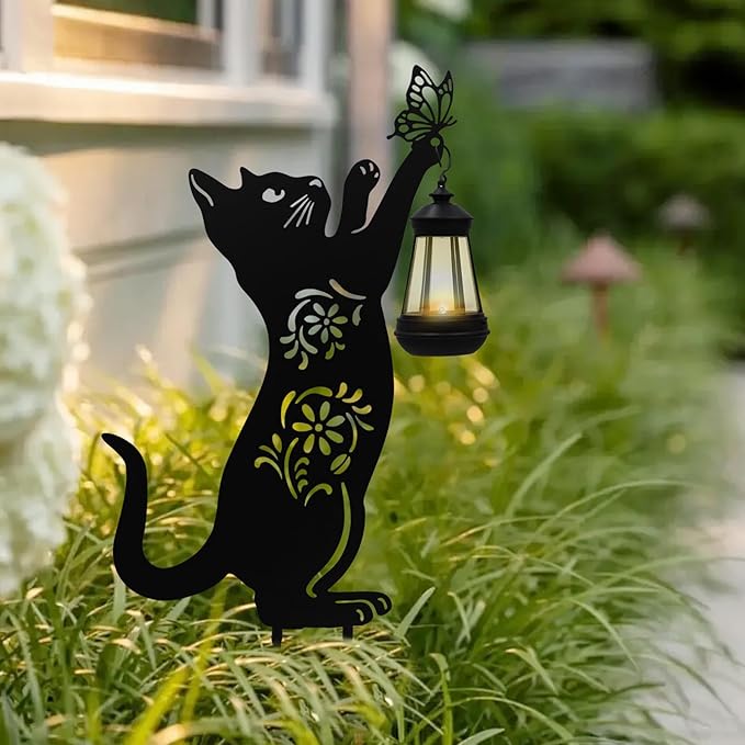 Solar Lights Outdoor Garden Decor - Metal Cat Holding Lantern Stake, Waterproof Solar-Powered Pathway Light for Yard, Pathway, Lawn, Patio - Unique Gift for Cat Lovers Halloween Christmas Garden Decor