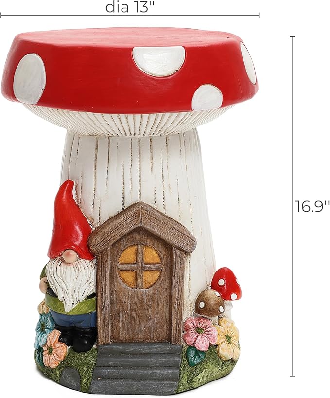 LuxenHome Gnome Garden Statue,17'' Mushroom House Statue, Outdoor Side Table, Plant Stand for Balcony, Gift, Large Garden Ornaments Yard Decor, Fairy House, Patio Side Table, Sculpture, Drum Stool