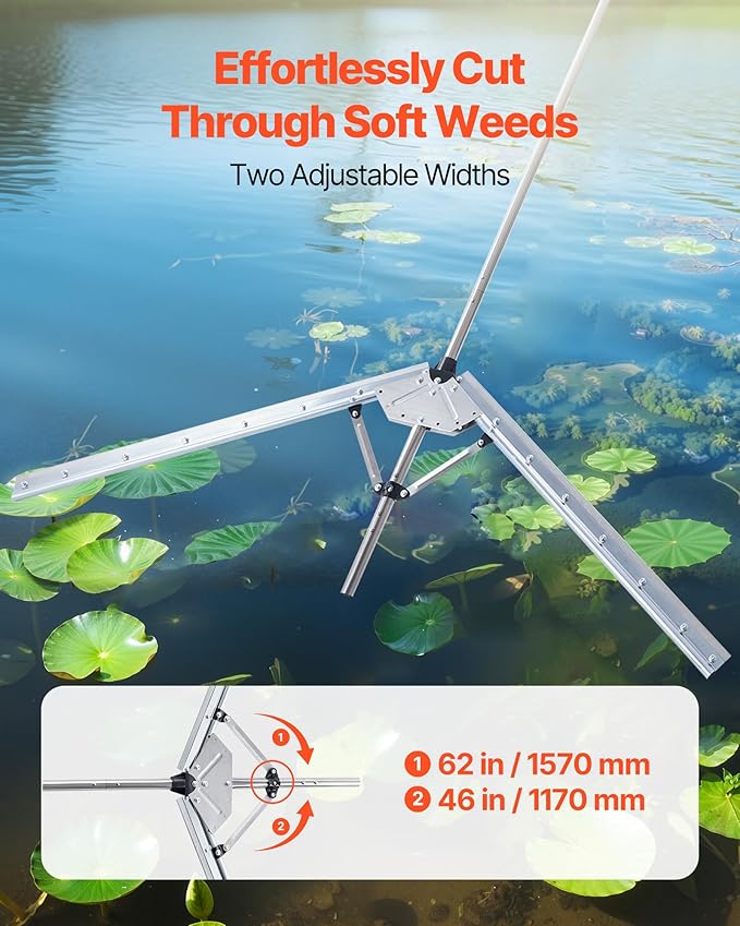 VEVOR Lake Weed Cutter, Pond Aquatic Plant Cutting Tool with 62 in Max. Cut Width, Sharp and Heavy-Duty Steel Blades, Pond Rake with 30 ft Throw Rope, for Cattail, Phragmites, Lilly Pads & Chara