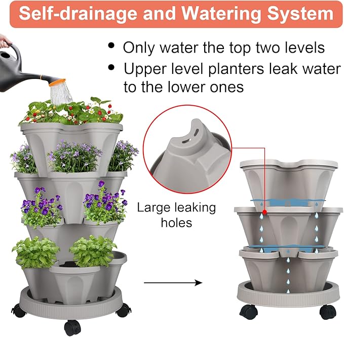 GameXcel Vertical Planter 4 Tier Stackable Planters Garden Planters Strawberry Herb Flower and Vegetable Planter Indoor Outdoor Gardening Pots with Removable Wheels and Tools 2-Pack