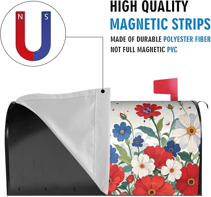 Patriotic Butterfly Floral July 4th Mailbox Cover, USA Independence Day Magnetic Mailbox Cover, Red Blue Standard Size Mail Wraps, 21" X 18" Post Letter Box for Outdoor Decoration