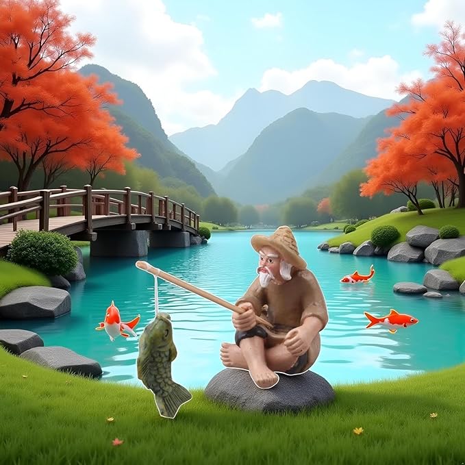 2Pcs Miniature Fisherman Figurine, Chinese Mudman Sitting Garden Statue, Outdoor Ornament Decor