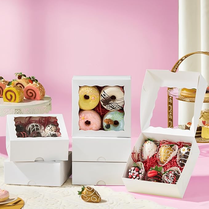 50 Pcs 6x6x2.5 Inches Cookies Boxes Bakery Boxes with Clear Window Chocolate Covered Strawberries Boxes Cake Pie BoxeTruffle Treat Boxes for Gift Cakesickle Browines Pasta Christmas