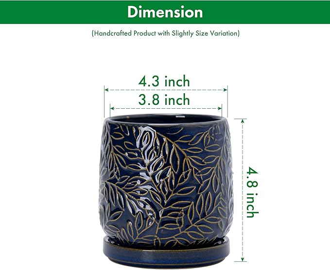 D'vine Dev 4 Inch Embossed Leaves Stoneware Planter Pot with Drainage Hole and Saucer, Midnight Blue, Set of 2, 27-F-Z-3