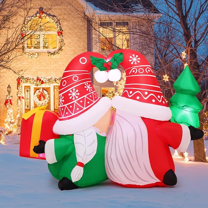 GOOSH 5FT Christmas Gnome Inflatables Outdoor Decorations,Blow Up Couple Gnomes with LED Lights,Xmas Gnome Inflatables for Yard Lawn Garden Holiday Decor