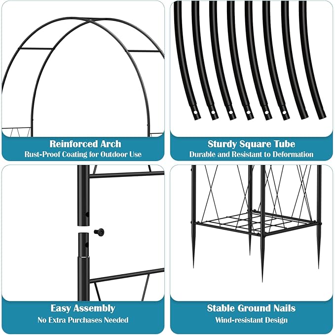 Metal Garden Arch Trellis for Climbing Plants Outdoor, Garden Arbors Archway Arched Trellis with Planter Boxes, Wedding Arches for Ceremony Arch Backdrop Stands for Party Christmas Decorations, Black