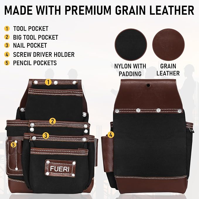 FUERI Tool Belt Men Heavy Duty Nylon Leather Tools Belts Carpenter Bags Electrician Pouches Organizer for Construction Framing (Black & Brown, 30 to 52 Inches Waist)