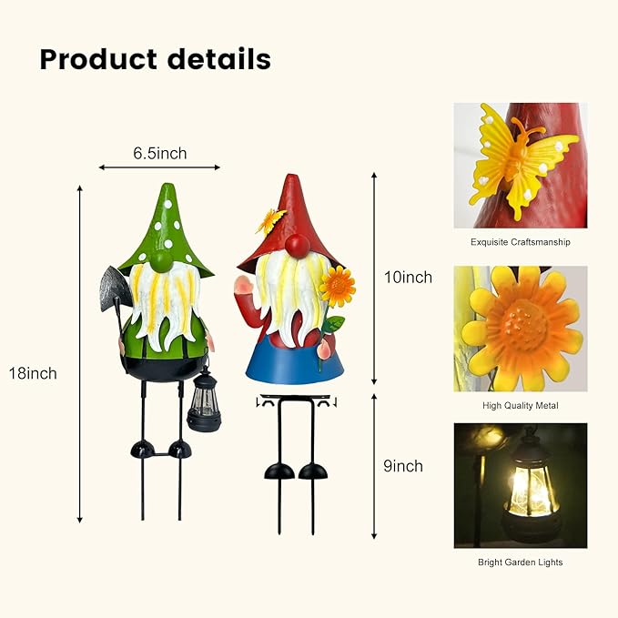 HONGLAND Solar Garden Gnomes Outdoor Statue -18 Inch Gnomes Decorations for Outside with Solar Lantern -3D Outdoor Figurines for Patio Yard Lawn Porch