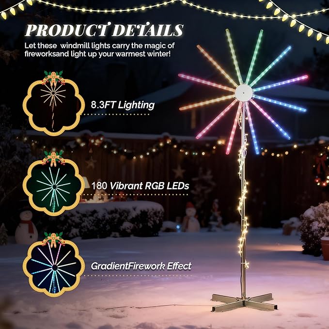 VINGLI 8.3FT Multicolor Firework Light, Color Changing LED Windmill with Gradient Effects & Adjustable Modes, Electronic Holiday Decor for Outdoor Pathway Lawn Yard Christmas Thanksgiving