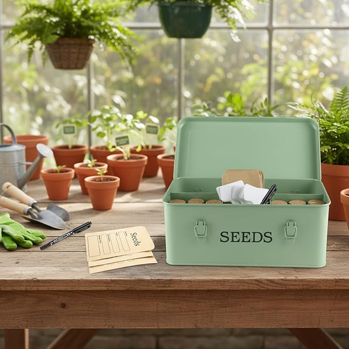 Seed Storage Organizer, 4 Compartment Metal Seed Saving Box with Lid and Safety Locks,Seeds Packet Container with 1 Pen, 12 Slots, 20 Plant Labels, 30 Seeds Envelopes,Perfect for Flower Plants Garden