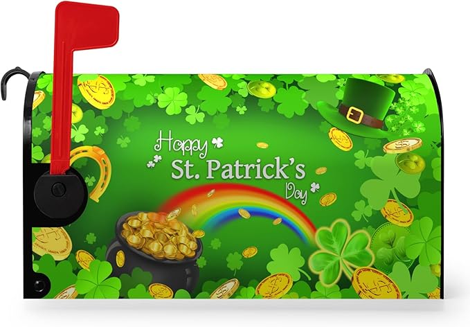 St Patrick Mailbox Covers Green Shamrocks Rainbow Gold Coin Magnetic Mailbox Post Cover Four Leaf Clover Hat Mailbox Wraps Decor Happy St.Patrick's Day Waterproof Standard Size 21X18 inch