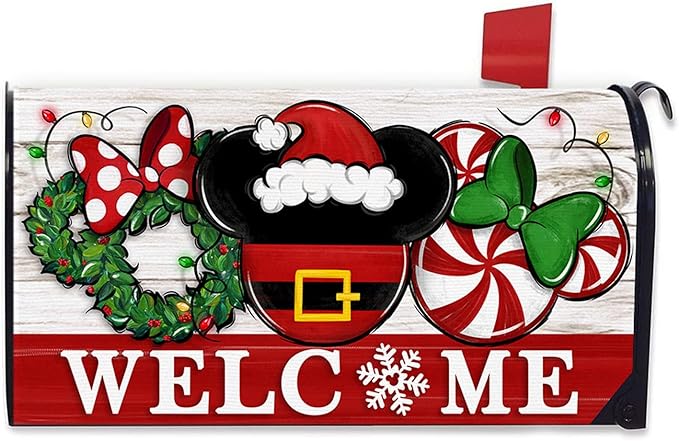 Welcome Christmas Santa Mailbox Cover Magnetic Standard Size 20.5" x 18", Xmas Peppermint Candy Wreath Decorative Post Letter Box Decor, Farmhouse Holiday Garden Yard Outdoor Decoration