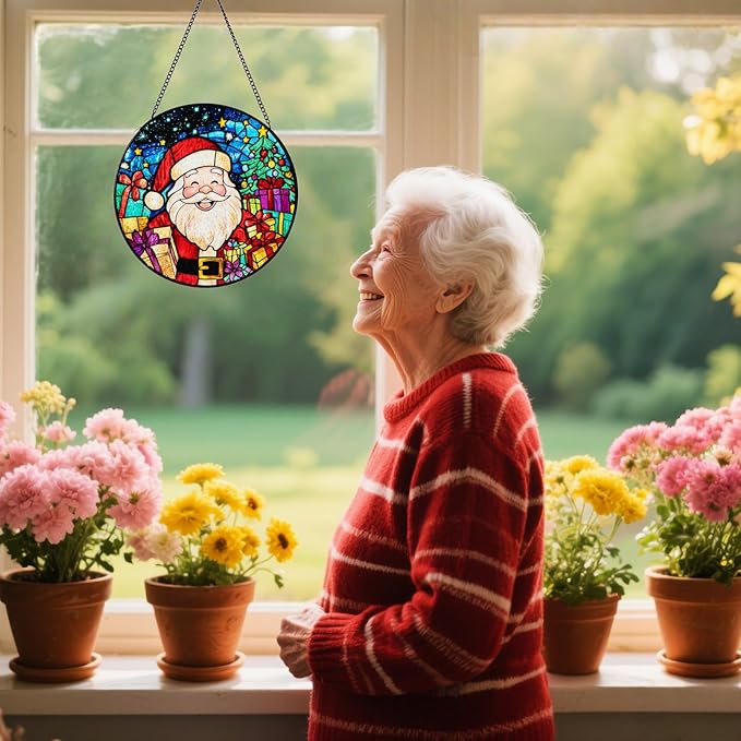 Santa Stained Glass Window Hanging, Santa Claus Suncatcher for Doors Home Sun Catchers Decoration and Christmas, Mother's Day Birthday Gifts for Women, Men, and Mom (8 Inch)