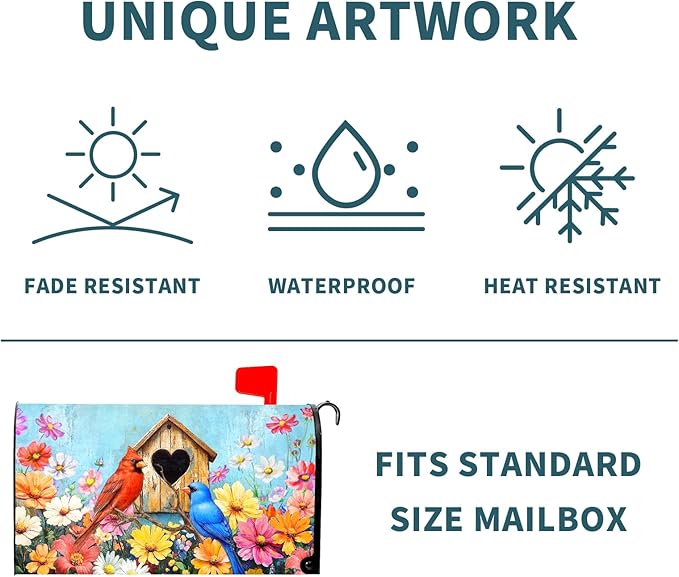 Spring Summer Birds Mailbox Cover Magnetic Standard Size 21x25.5 Inch Welcome Floral Mailbox Wraps Post Box Cover Decoration Outdoor Garden Home Yard Outside