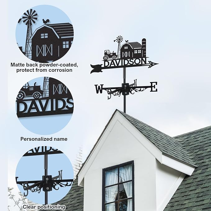 Personalized Farmhouse Metal Weather Vane, Custom Name Weathervane, Wind Direction Indicator, Weather Vanes Roof Mount, Wind Vane Outdoor Decor for Farm Shed Garden Yard Patio, Customized Gifts